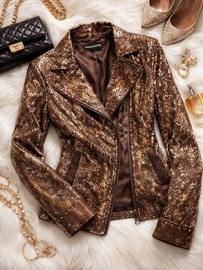 Pamela McCoy Metallic Moto Jacket Brown Gold Snakeskin Print -S Studded Luxury